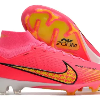 Nike Pink Yellow High-Cut Sock-Fit Upper Flyknit Construction Firm-Ground Soccer Shoes