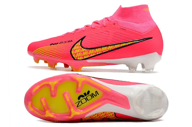 Nike Rosa Amarelo Alto-Corte Ajuste Meia Superior Flyknit Solo Firme Sapatos de Futebol 2