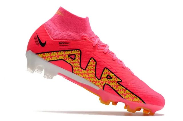 Nike Rosa Amarelo Alto-Corte Ajuste Meia Superior Flyknit Solo Firme Sapatos de Futebol 3
