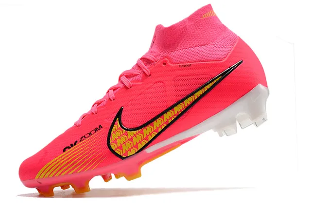 Nike Rosa Amarelo Alto-Corte Ajuste Meia Superior Flyknit Solo Firme Sapatos de Futebol 4