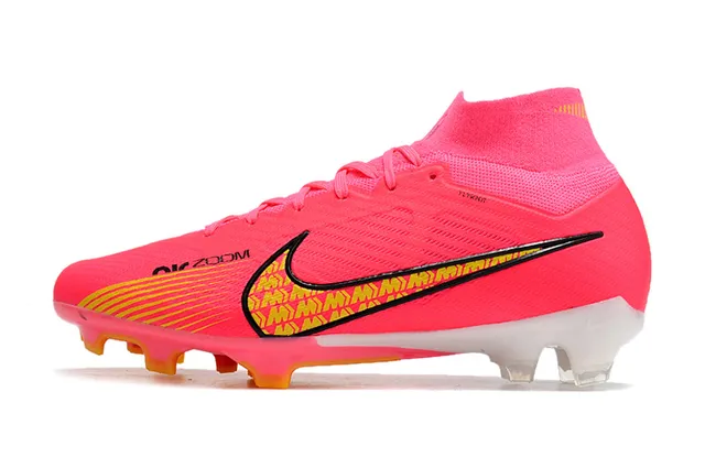 Nike Rosa Amarelo Alto-Corte Ajuste Meia Superior Flyknit Solo Firme Sapatos de Futebol 5