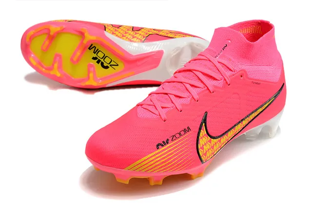 Nike Rosa Amarelo Alto-Corte Ajuste Meia Superior Flyknit Solo Firme Sapatos de Futebol 6