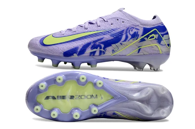 Nike Tênis de futebol roxo e verde low-cut com upper de malha que se adapta como meia, solo firme 6