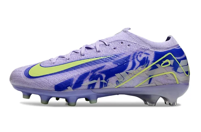 Nike Tênis de futebol roxo e verde low-cut com upper de malha que se adapta como meia, solo firme 7