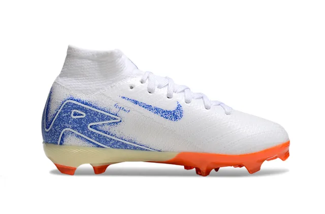 Nike Chaussures de football blanc et bleu col tricoté haut lacets asymétriques terrain ferme 5