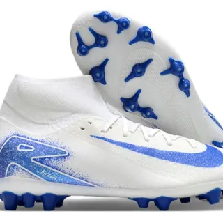 Nike Blanc Bleu Haut-Coupé Tricot Supérieur Lacets Asymétriques Terrain Ferme Chaussures de Football