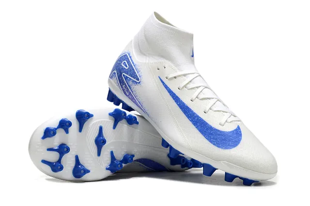 Nike Blanc Bleu Haut-Coupé Tricot Supérieur Lacets Asymétriques Terrain Ferme Chaussures de Football 3