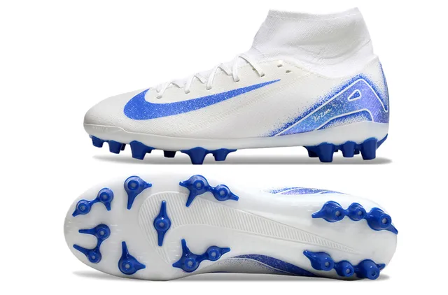 Nike Blanc Bleu Haut-Coupé Tricot Supérieur Lacets Asymétriques Terrain Ferme Chaussures de Football 5