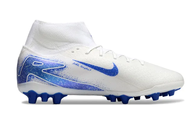 Nike Blanc Bleu Haut-Coupé Tricot Supérieur Lacets Asymétriques Terrain Ferme Chaussures de Football 7