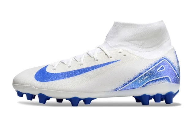 Nike Blanc Bleu Haut-Coupé Tricot Supérieur Lacets Asymétriques Terrain Ferme Chaussures de Football 8