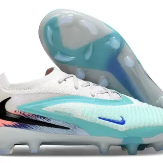 Nike White Blue Knit Upper Low-Cut Bootie Firm-Ground Soccer Shoes