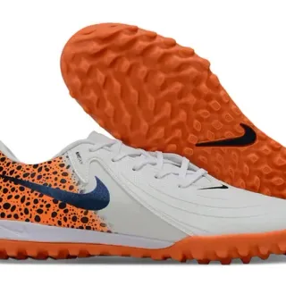 Zapatilhas de futebol Nike low-cut brancas e laranjas upper sintético panel de calcanhar speckled para turf