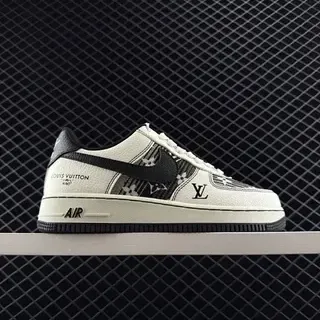 Nike x Louis Vuitton Air Force 1 أبيض أسود Monogram-Print حذاء رياضي أسلوب حياة