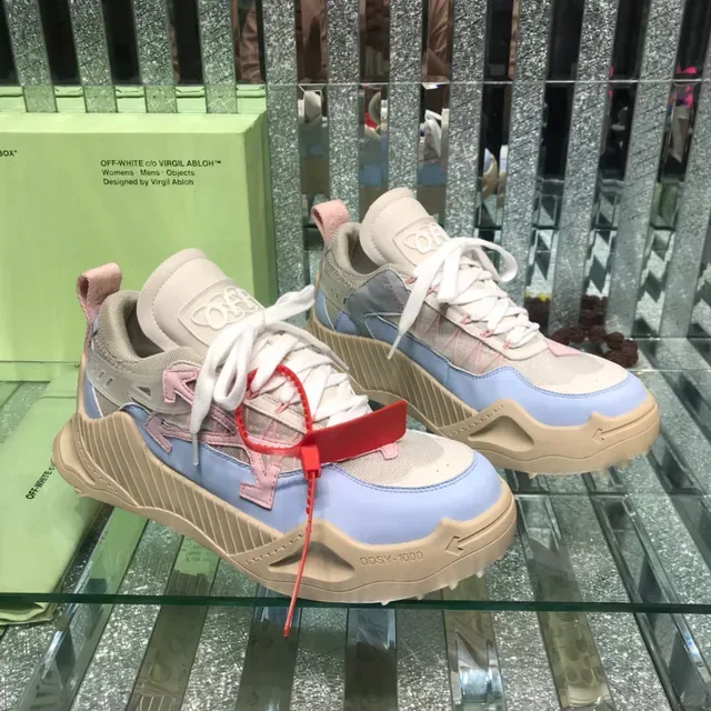 Off-White Beige Blue Industrial Runner Silhouette Tênis chunky com upper de malha e neoprene em camadas 7