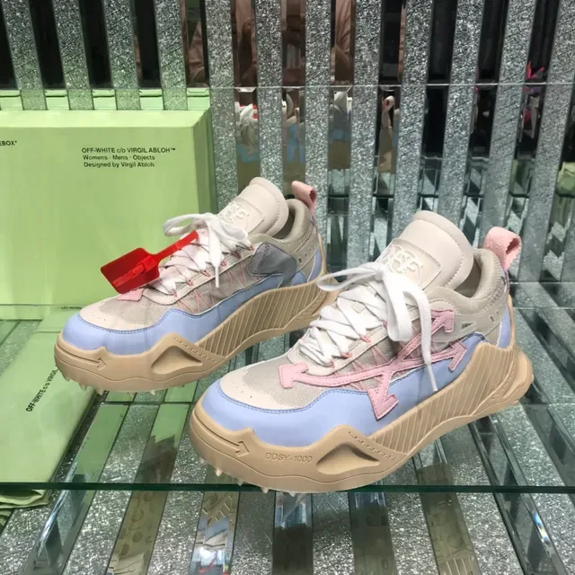 Off-White Beige Blue Industrial Runner Silhouette Tênis chunky com upper de malha e neoprene em camadas 8