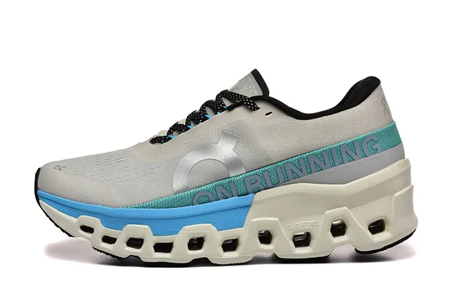 On Cloudmonster gris claro azul teal zapatillas de running 3