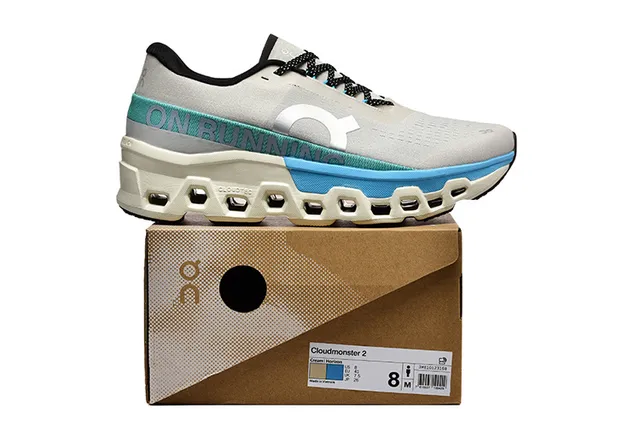On Cloudmonster gris claro azul teal zapatillas de running 5