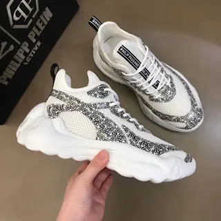 Philipp Plein Active सफेद काला स्कल्प्टेड सोल ज्योमेट्रिक पिक्सेलित ओवरले चंकी स्नीकर्स
