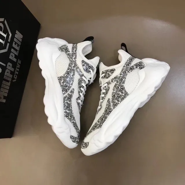 Philipp Plein Active White Black Sculpted Sole Geometric Pixelated Overlay Chunky Sneakers 4