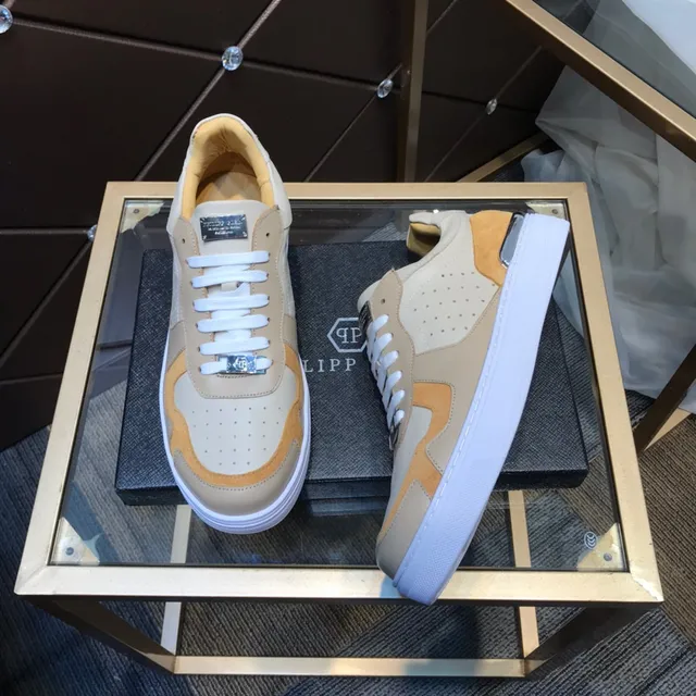 Philipp Plein Beige Brown Color-Blocked Upper Perforated Leather Panels Lifestyle Sneakers 8