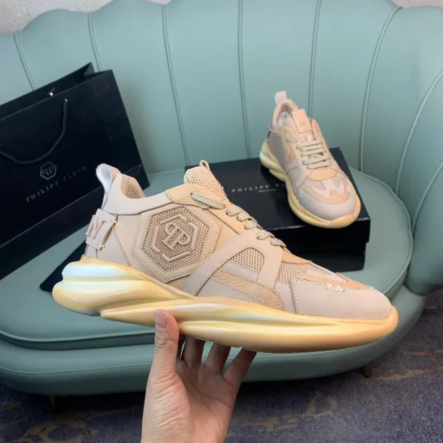Philipp Plein বেইজ গোলাপি লেয়ার্ড ওয়েভ-শেপড ওভারলে মেশ এবং সুয়েড প্যানেলিং চাঙ্কি স্নিকার 4