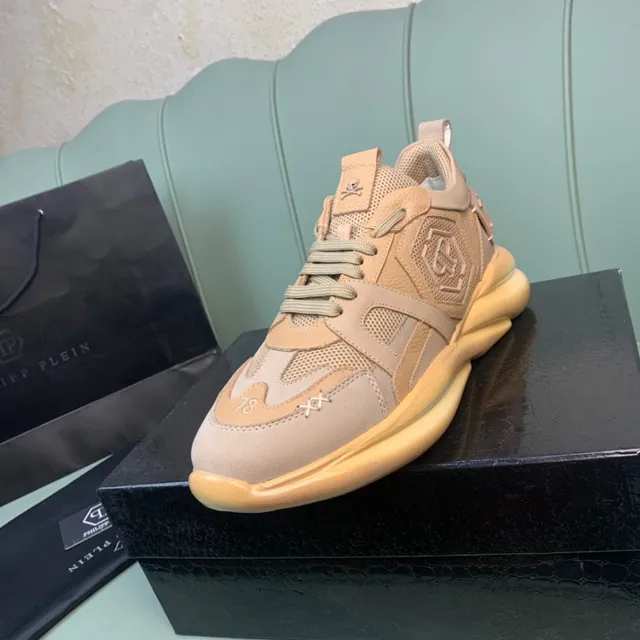 Philipp Plein বেইজ গোলাপি লেয়ার্ড ওয়েভ-শেপড ওভারলে মেশ এবং সুয়েড প্যানেলিং চাঙ্কি স্নিকার 9