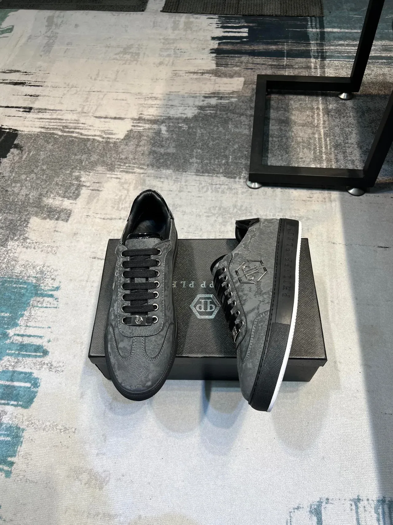 Philipp Plein Black Gray Cracked-Texture Leather Upper Hexagonal PP Logo Lifestyle Sneakers 4