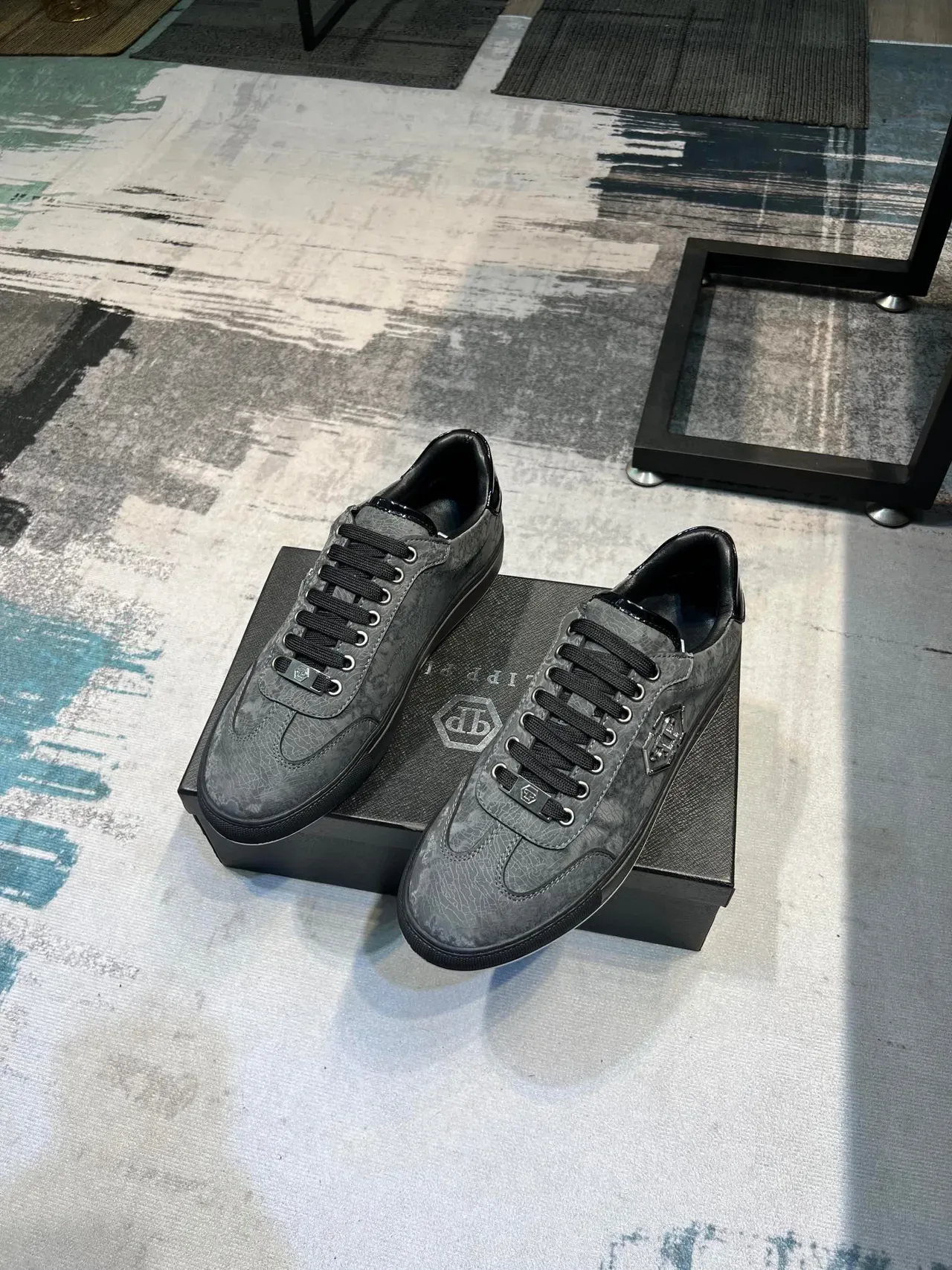 Philipp Plein Black Gray Cracked-Texture Leather Upper Hexagonal PP Logo Lifestyle Sneakers 5