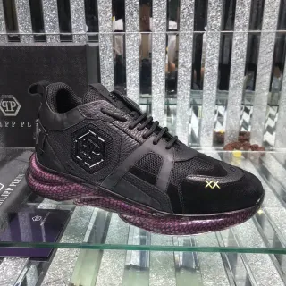 Philipp Plein Black Purple Leather-Mesh Hybrid Upper Hexagonal PP Logo Plaque Chunky Sneakers