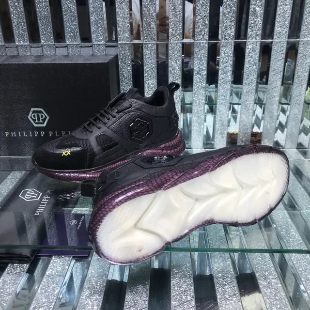 Philipp Plein Black Purple Leather-Mesh Hybrid Upper Hexagonal PP Logo Plaque Chunky Sneakers 2
