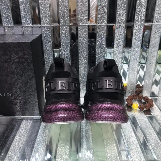Philipp Plein Black Purple Leather-Mesh Hybrid Upper Hexagonal PP Logo Plaque Chunky Sneakers 3