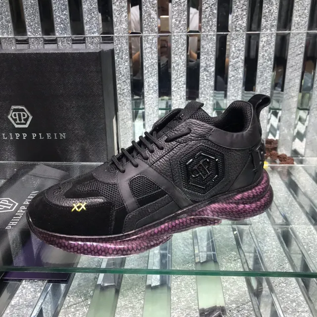 Philipp Plein Black Purple Leather-Mesh Hybrid Upper Hexagonal PP Logo Plaque Chunky Sneakers 4