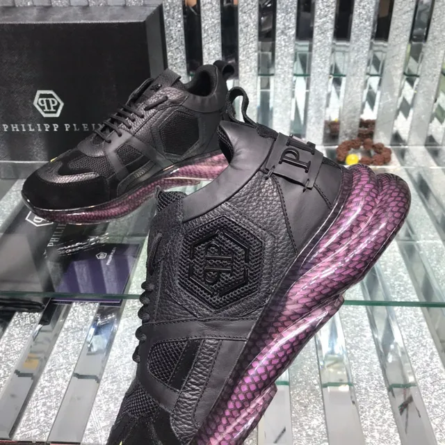 Philipp Plein Black Purple Leather-Mesh Hybrid Upper Hexagonal PP Logo Plaque Chunky Sneakers 5