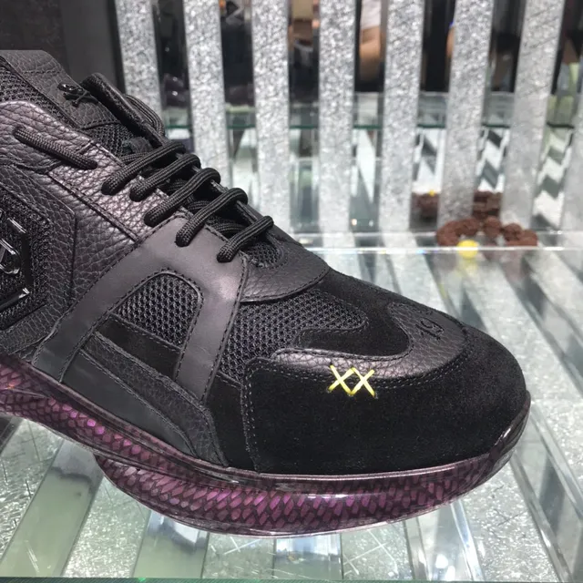 Philipp Plein Black Purple Leather-Mesh Hybrid Upper Hexagonal PP Logo Plaque Chunky Sneakers 6