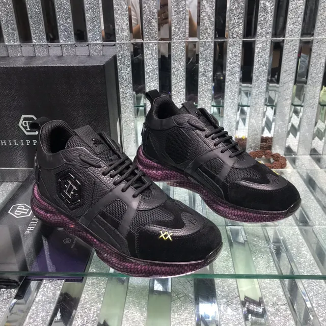 Philipp Plein Black Purple Leather-Mesh Hybrid Upper Hexagonal PP Logo Plaque Chunky Sneakers 7