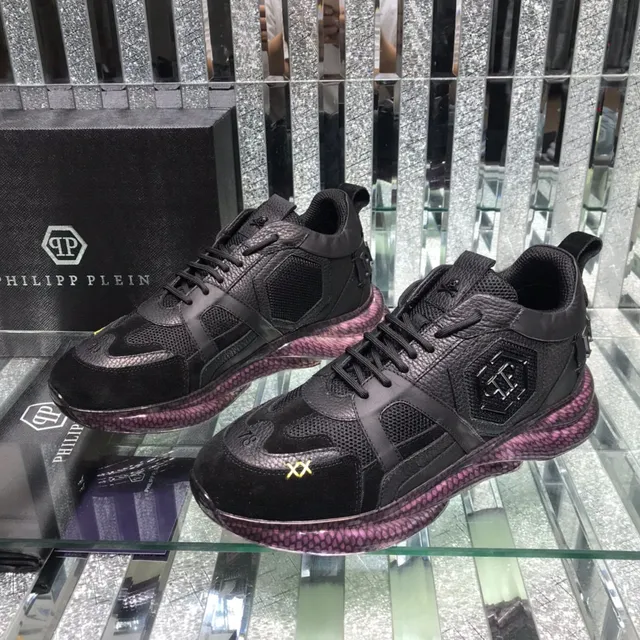 Philipp Plein Black Purple Leather-Mesh Hybrid Upper Hexagonal PP Logo Plaque Chunky Sneakers 8