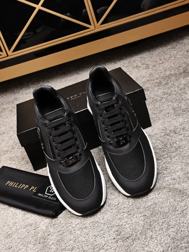 Philipp Plein काले और सफेद चमड़े और जाल के ऊपरी भाग, नक्काशीदार मिडसोल, मोटी स्नीकर 4