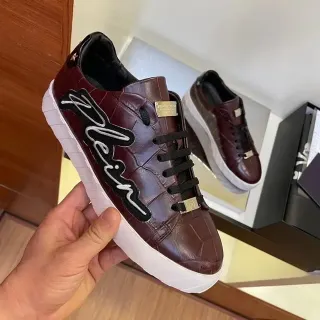 Philipp Plein বার্গান্ডি কালো ক্রোকো-এমবসড লেদার বল্ড স্ক্রিপ্ট লোগো লাইফস্টাইল স্নিকার