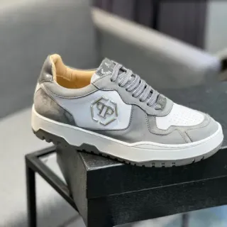 Philipp Plein Gray White Hexagonal Metallic Logo Mixed-Material Upper Chunky Sneakers