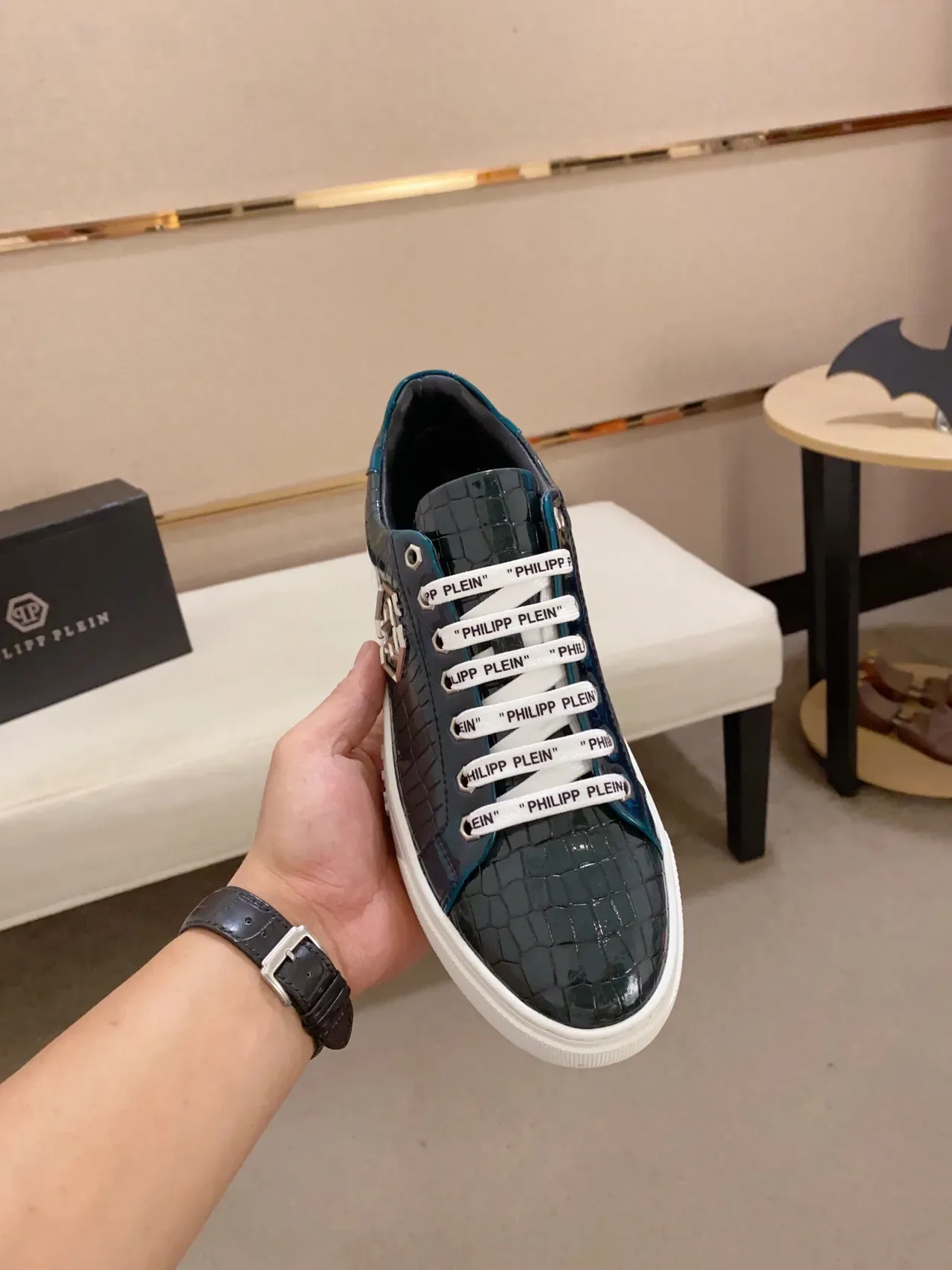 Philipp Plein PP Logo Croc-Embossed Teal लाइफस्टाइल स्नीकर 2