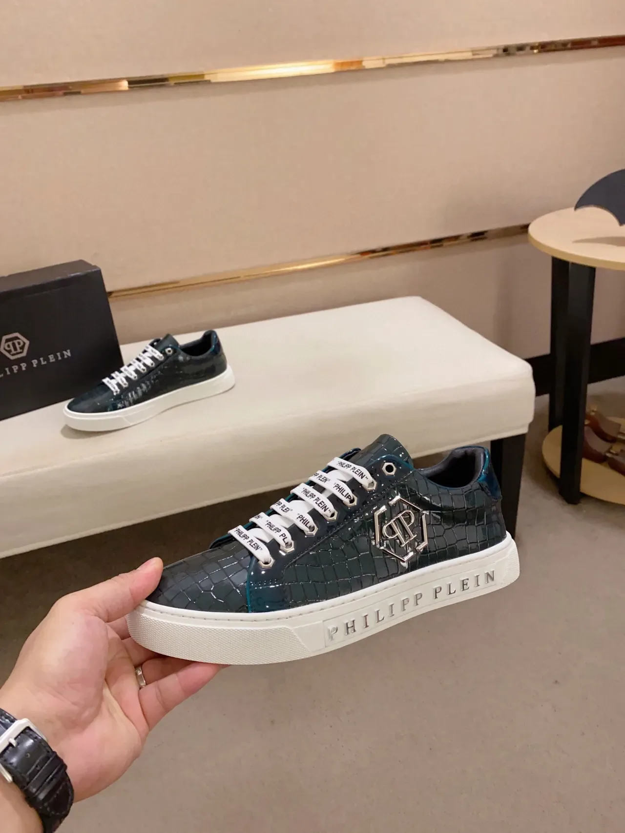 Philipp Plein PP Logo Croc-Embossed Teal लाइफस्टाइल स्नीकर 3