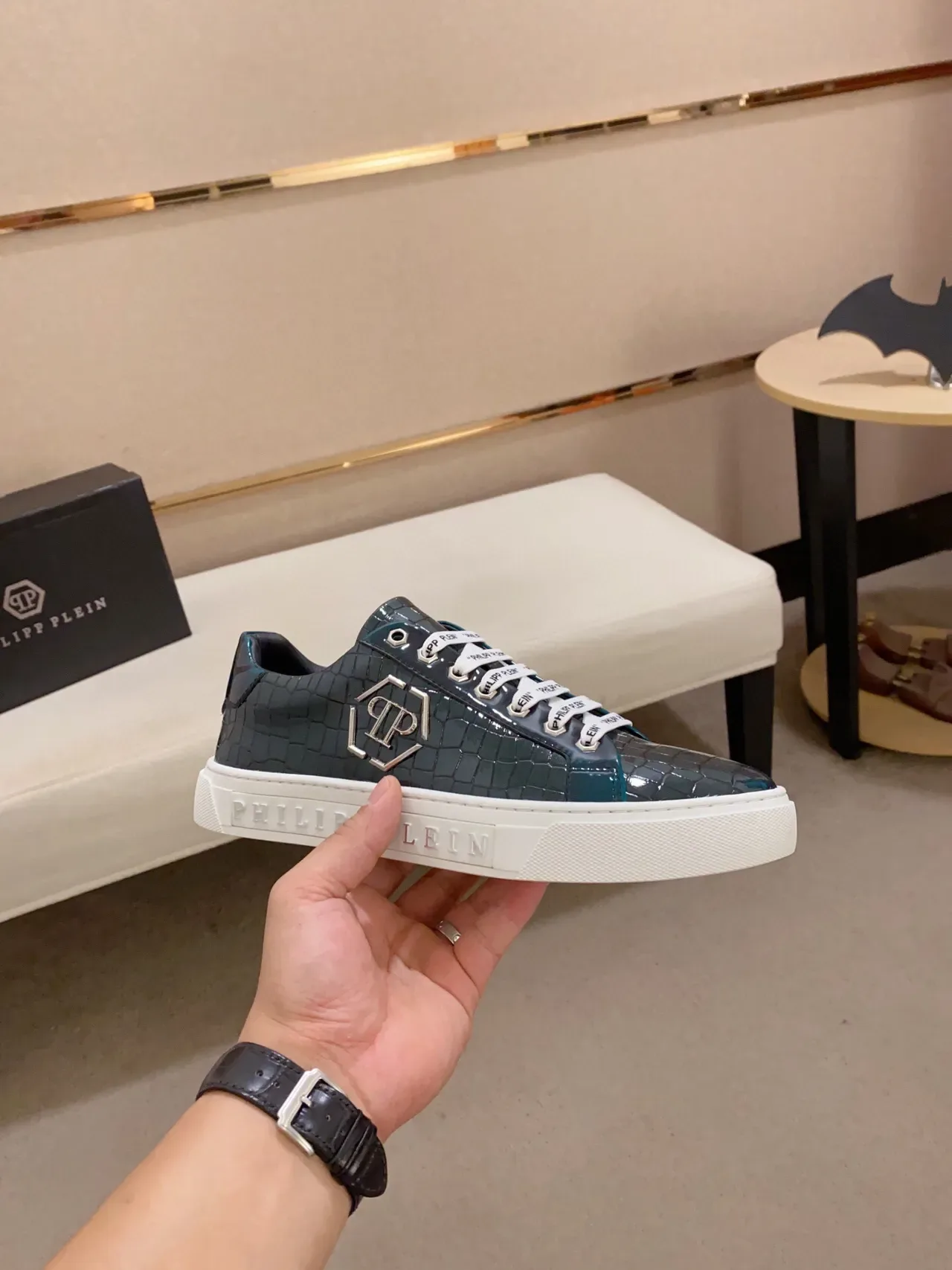 Philipp Plein PP Logo Croc-Embossed Teal लाइफस्टाइल स्नीकर 4
