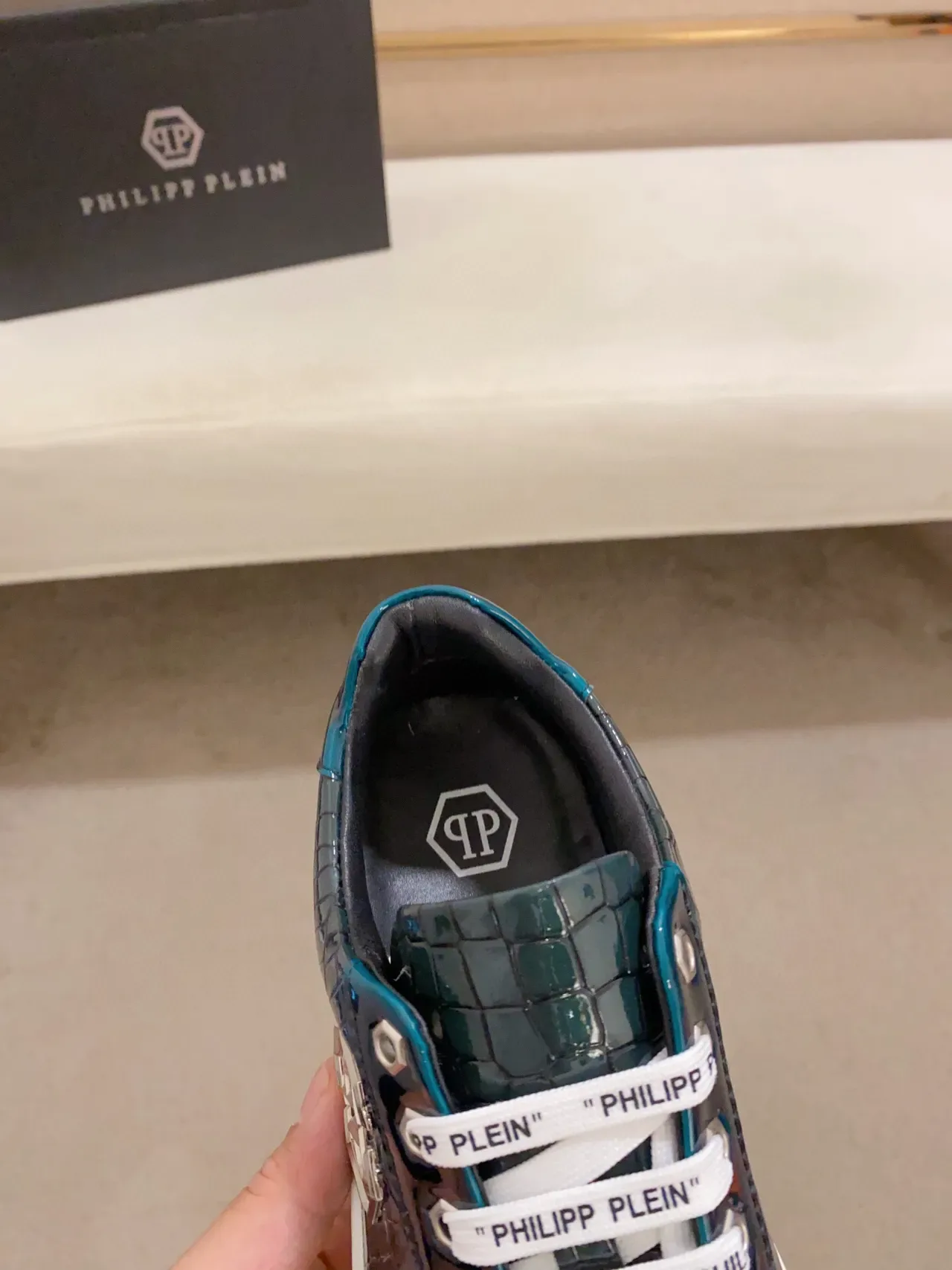 Philipp Plein PP Logo Croc-Embossed Teal लाइफस्टाइल स्नीकर 5
