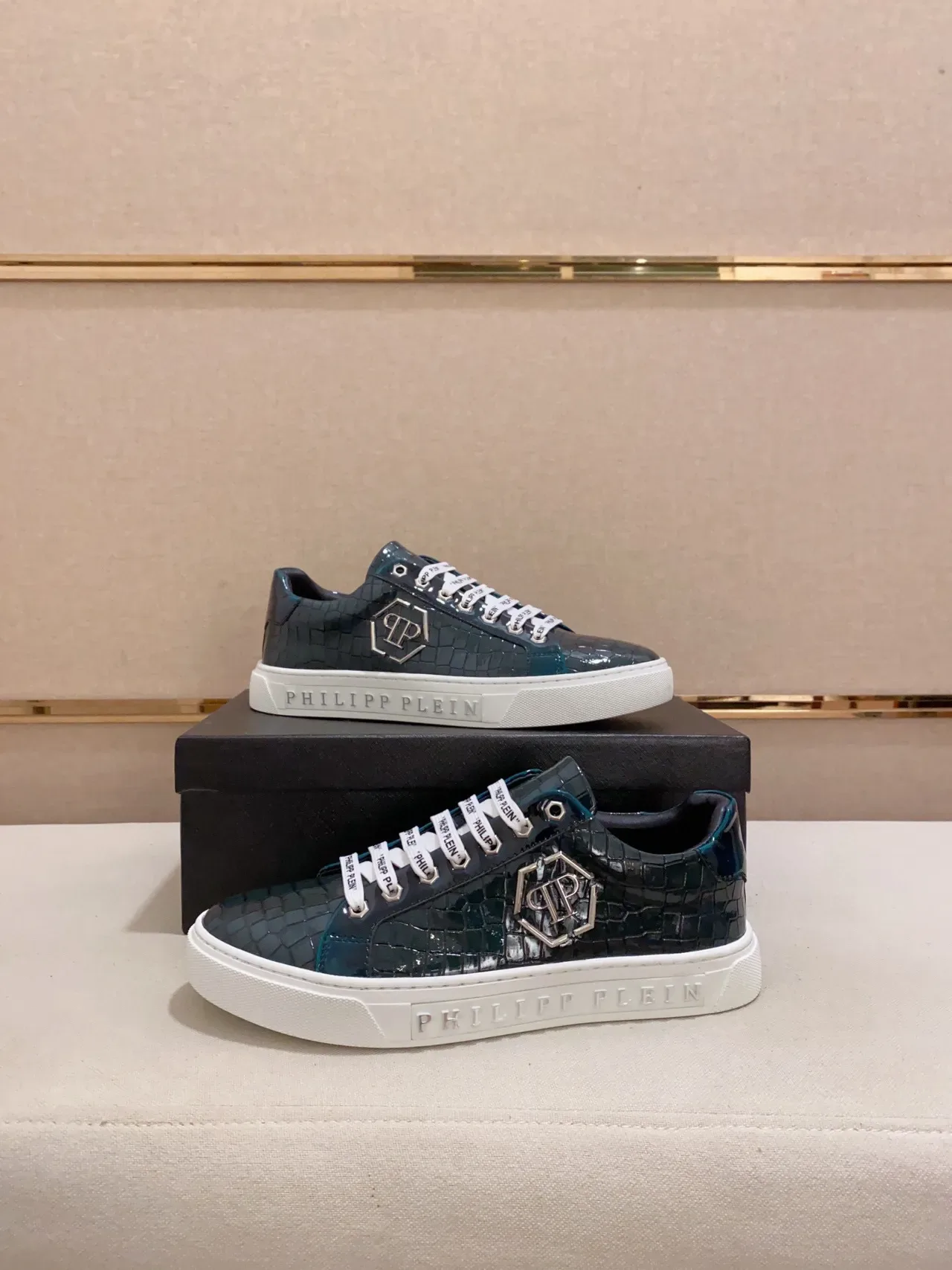 Philipp Plein PP Logo Croc-Embossed Teal लाइफस्टाइल स्नीकर 6
