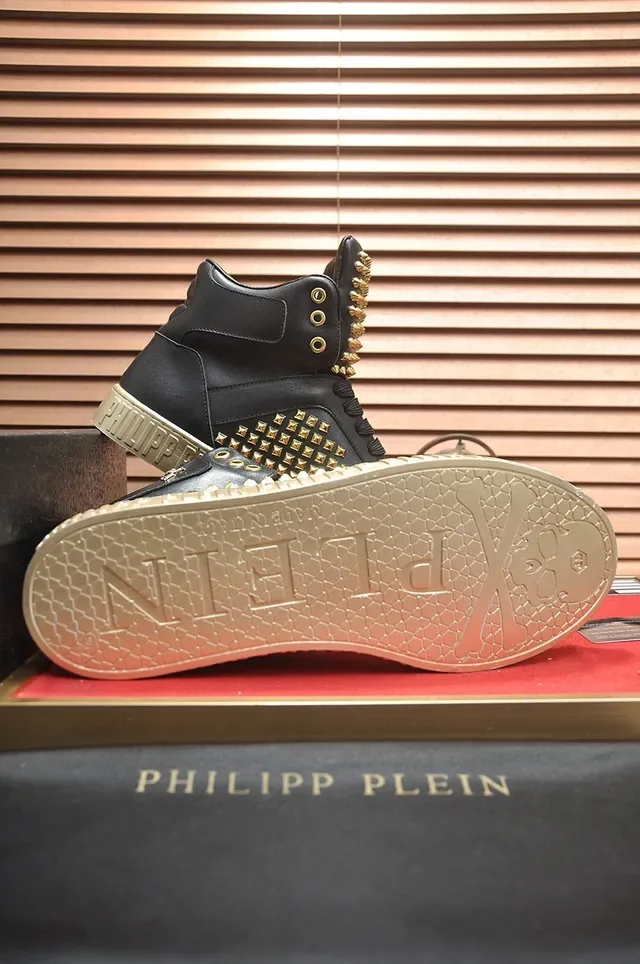 Philipp Plein Tênis Lifestyle com Tachas Alto Preto Dourado 7