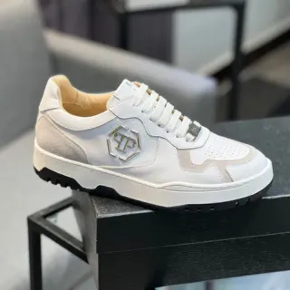 Philipp Plein White Beige Monogrammed Two-Tone Lifestyle Sneakers
