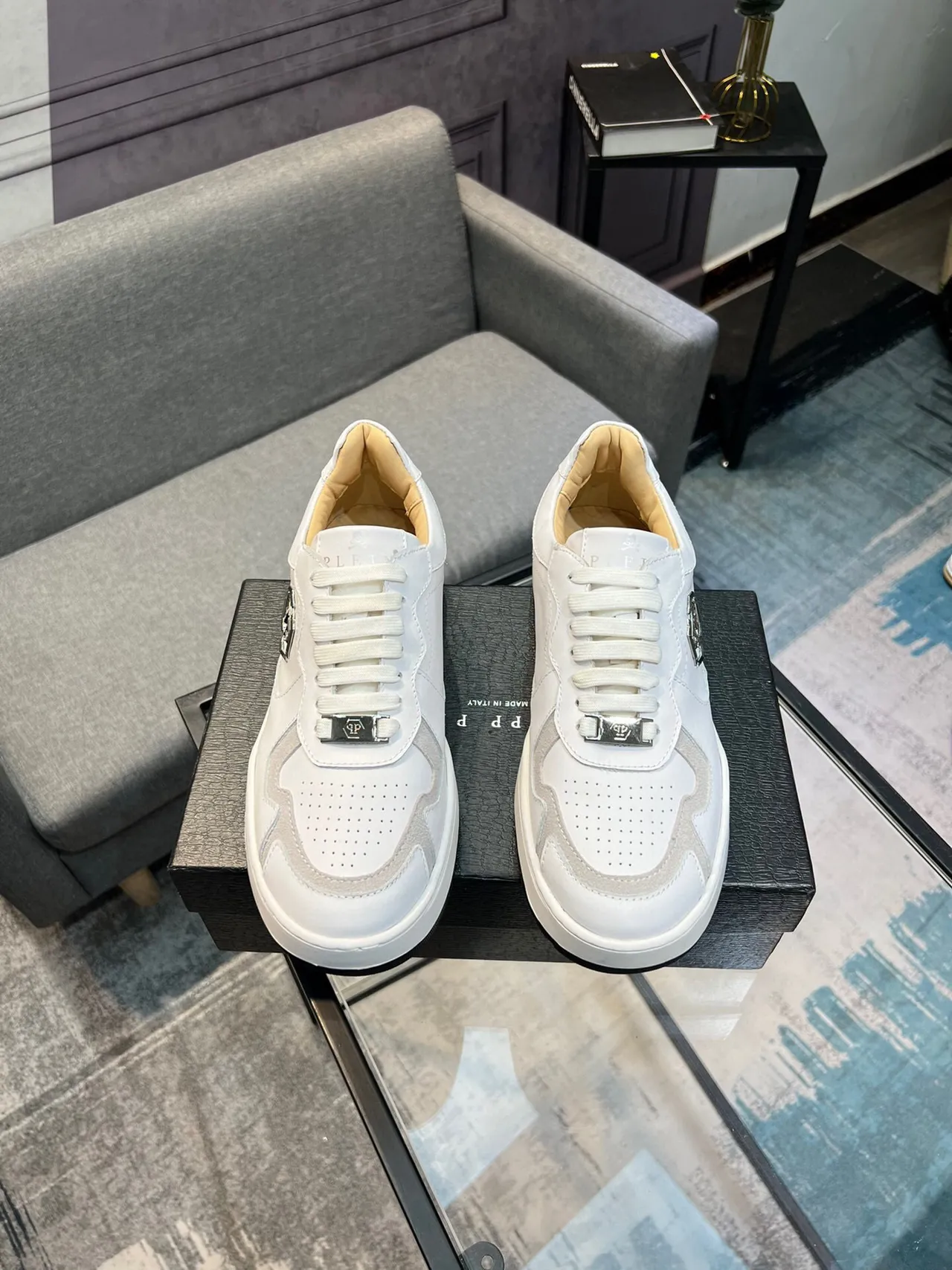 Philipp Plein White Beige Monogrammed Two-Tone Lifestyle Sneakers 2
