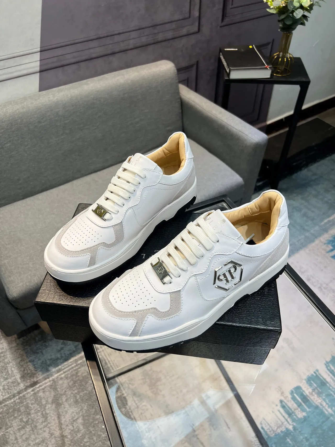 Philipp Plein White Beige Monogrammed Two-Tone Lifestyle Sneakers 3