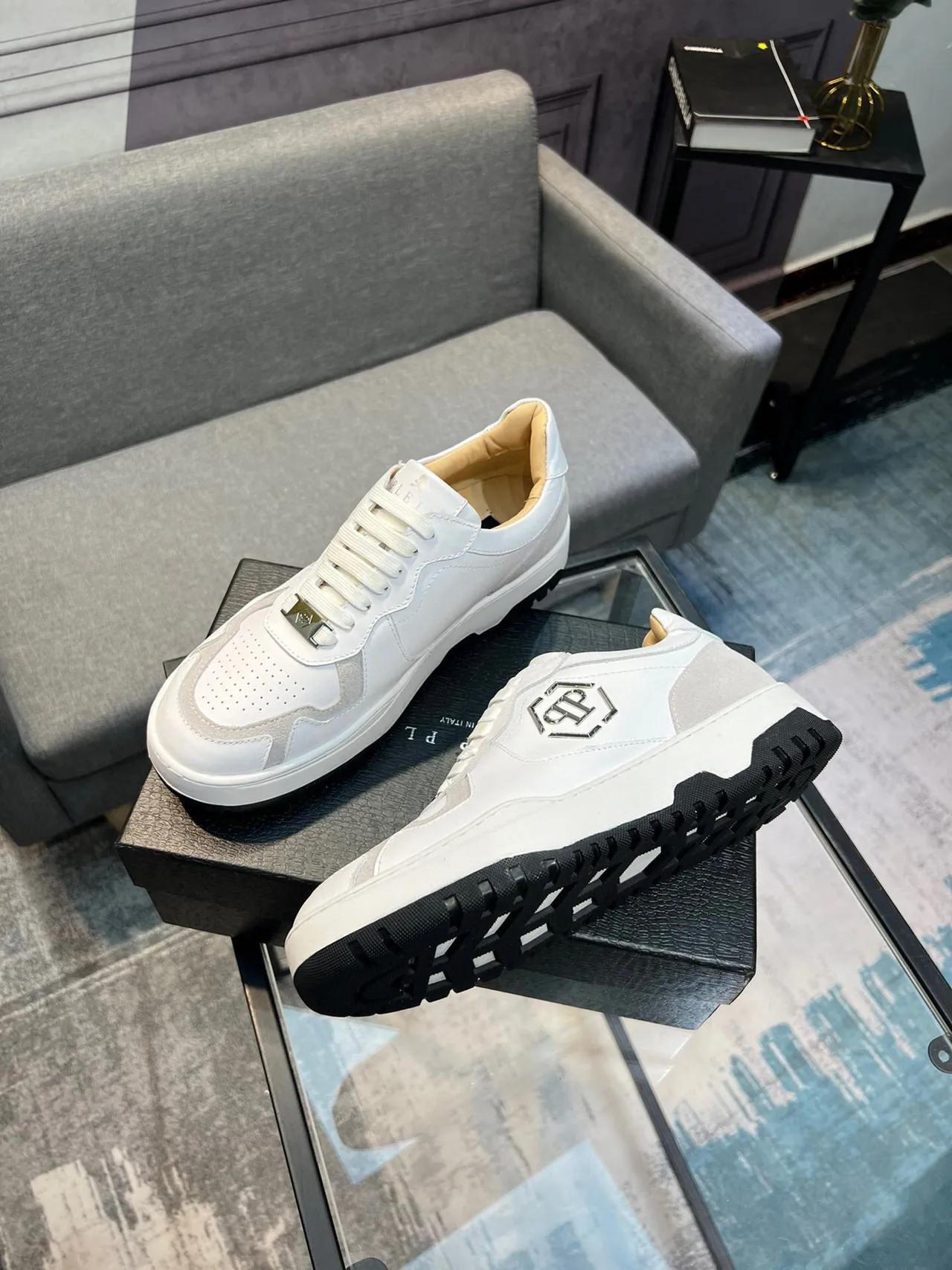 Philipp Plein White Beige Monogrammed Two-Tone Lifestyle Sneakers 4