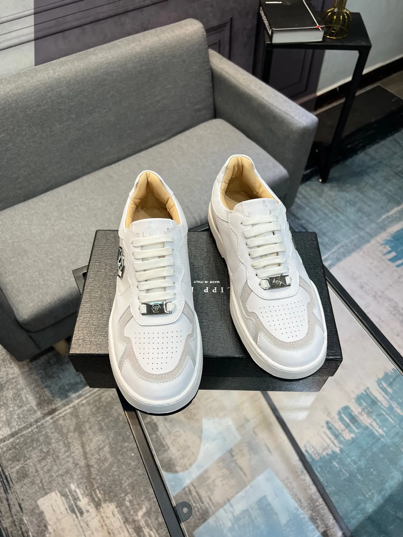 Philipp Plein White Beige Monogrammed Two-Tone Lifestyle Sneakers 5